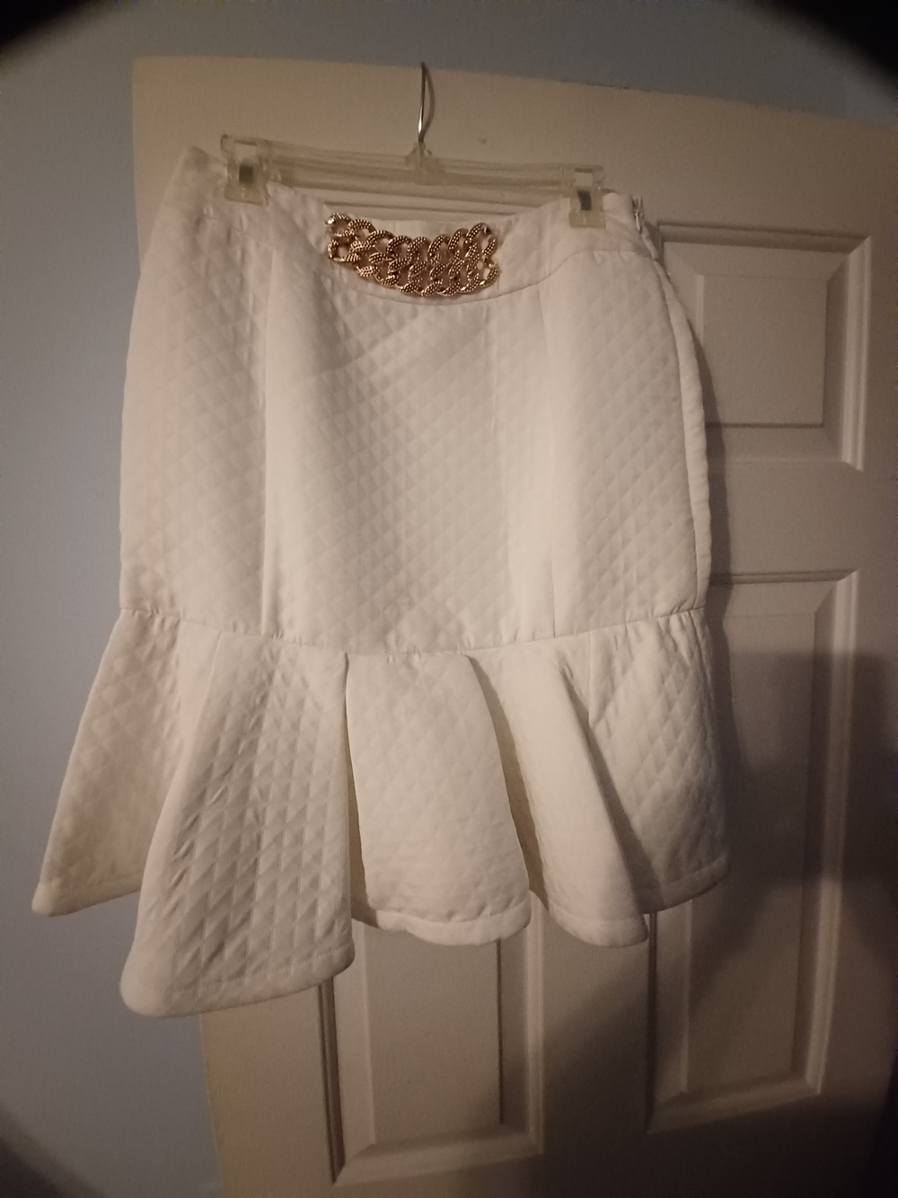 White Quilted Peplum Skirt with Gold Accent